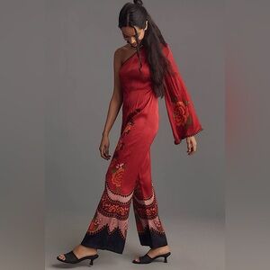 NWT Farm Rio x Anthropologie | One-Shoulder Printed Satin Jumpsuit